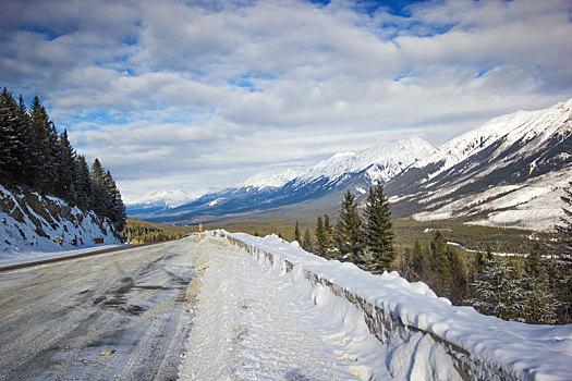 狭窄,光滑,冬天,道路,大,弯曲,山,班芙国家公园,加拿大