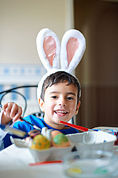男孩,穿,兔子,耳,绘画,复活节彩蛋