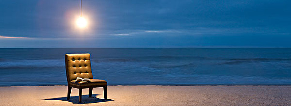 电灯泡,光亮,上方,椅子,翻书,海滩,夜晚