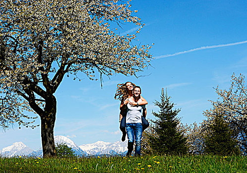 男人,女人,微笑,正面,开花树木,春天,提洛尔,奥地利,欧洲