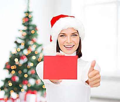圣诞节,人,广告,销售,概念,高兴,女人,圣诞老人,帽子,留白,红牌,展示,竖大拇指,手势,上方,客厅,圣诞树,背景