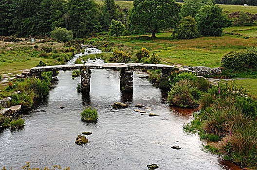 桥,13世纪,马,时间,东方,河,四个,花冈岩,石板,达特姆尔高原国家公园,德文郡,英格兰,英国,欧洲