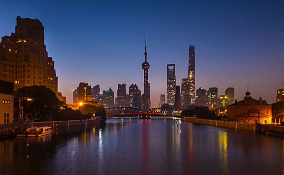 桥,上方,黄浦江,浦东,天际线,夜晚,上海,中国