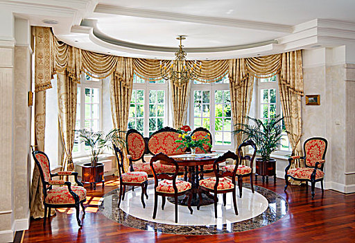 旧式家具,窗户,椅子,红色,金色,装饰,图案,正面,格子,帘,室内