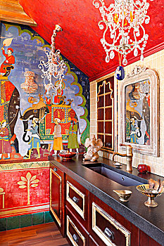 壁画,墙壁,传统,厨房,华丽,吊灯,水晶,吊坠,高处,厨房操作台