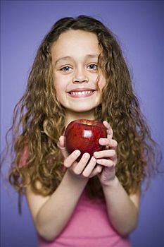 一个,女孩,肖像,拿着,苹果