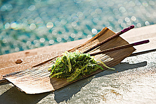 特写,海草,筷子,木质,托盘,池边