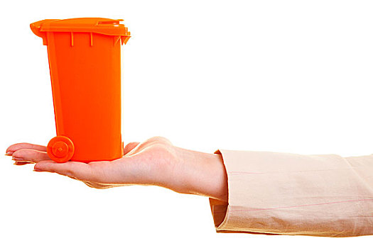 小,橙色,垃圾桶,站立,手