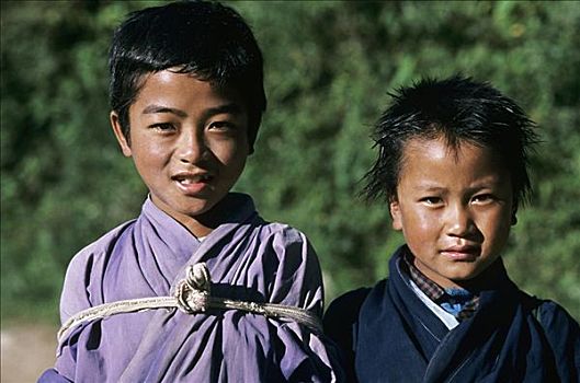 不丹,肖像,两个,孩子,不丹人