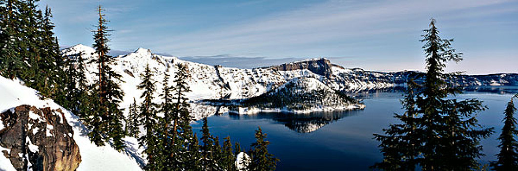 美国,俄勒冈,火山湖国家公园,雪山,火山湖,大幅,尺寸