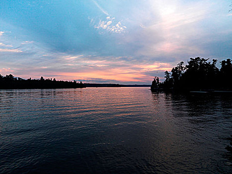 湖,黄昏,木头,安大略省,加拿大