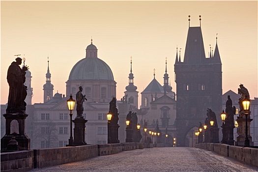 捷克共和国,布拉格,查理大桥,黎明