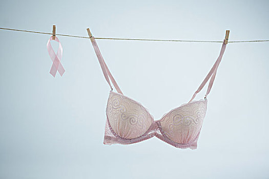 粉色,乳腺癌,意识,带,悬挂,胸罩,线,白色背景
