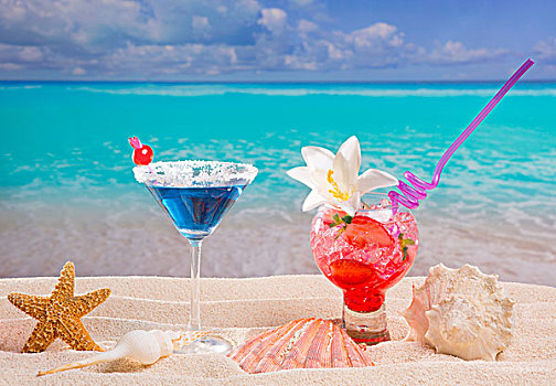 海滩,热带,红色,蓝色,鸡尾酒,加勒比,白沙,花,海贝