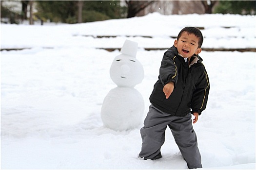 日本人,男孩,打雪仗,雪人