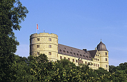 高度,城堡,圆,北莱茵威斯特伐利亚,德国,欧洲,建筑,墙壁,塔,景点,夏天,绿色,天空,留白