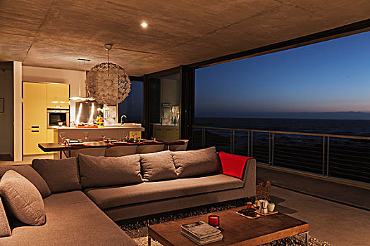 沙发,餐桌,现代生活,房间,远眺,海洋