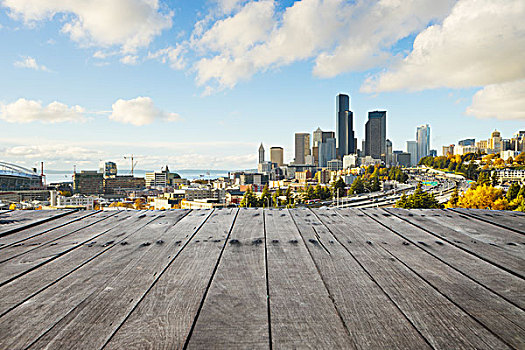 空,木地板,城市,天际线,西雅图