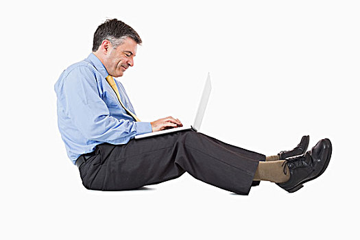 男人,工作,笔记本电脑,地面,白色背景
