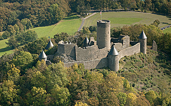 航拍,城堡遗迹,阿尔魏勒,山脉,莱茵兰普法尔茨州,德国,欧洲