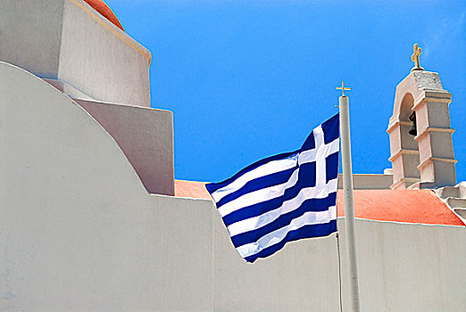 希腊,米克诺斯岛,希腊国旗,上方,岛屿