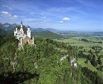 新天鹅堡,全景,高山,湖,山峦,巴伐利亚,德国