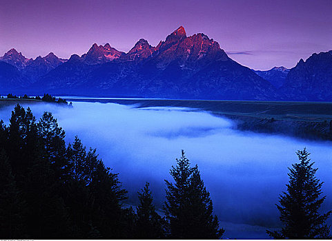雾,河,山脉,大台顿国家公园,怀俄明