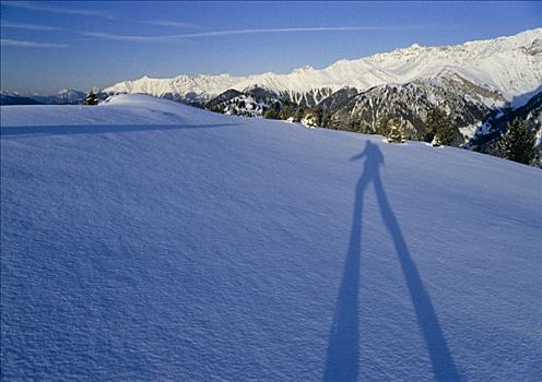 长,影子,滑雪,落下,雪地,顶峰,阿尔卑斯山,背影,提洛尔,奥地利,欧洲