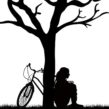 女人,自行车,倚靠,树