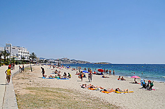 海滩散步,海滩,伊比萨岛,巴利阿里群岛,西班牙,欧洲