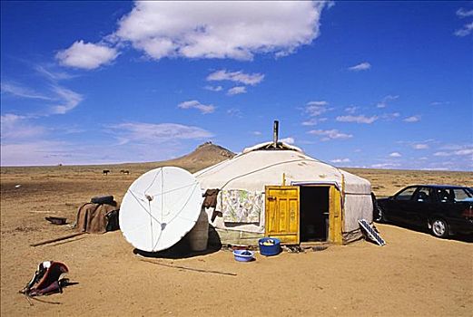 蒙古,游牧,房子,碟形卫星天线,干燥,公寓,荒芜