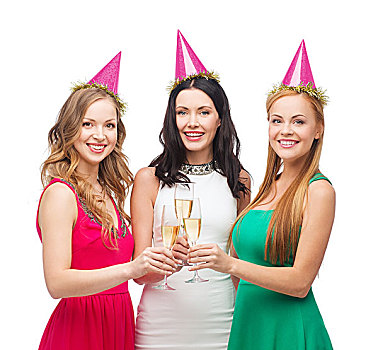 庆贺,饮料,朋友,单身派对,生日,概念,三个,微笑,女人,戴着,粉色,帽子,香槟,玻璃