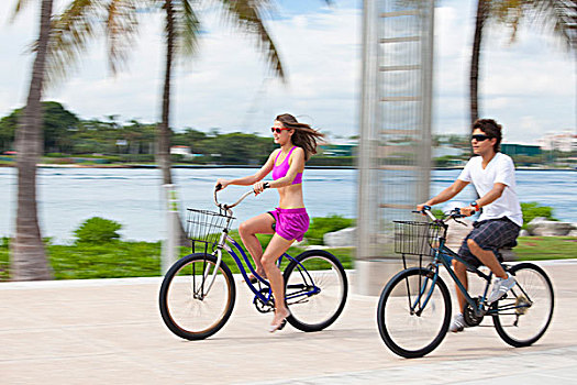 男孩,女孩,骑自行车,散步场所