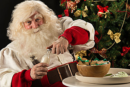 圣诞老人,吃,饼干,牛奶,坐,靠近,圣诞树,打开,奶瓶