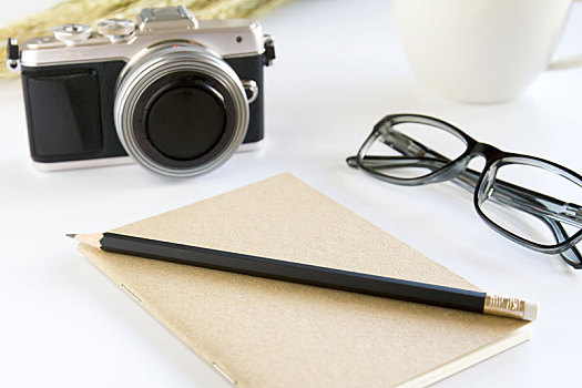 笔记本,铅笔,摄影,眼镜,白色背景,背景