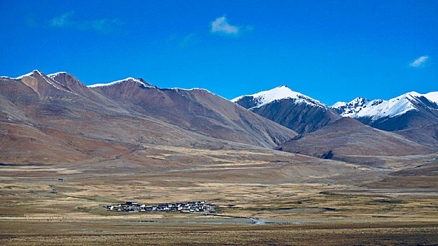 中国西藏自治区318川藏线旁的远山荒野与村庄