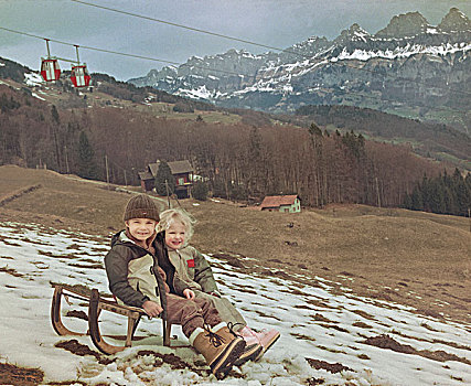 两个,儿童,山,瑞士