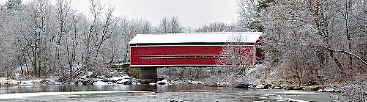 红色,风雨桥,冬天,魁北克,加拿大