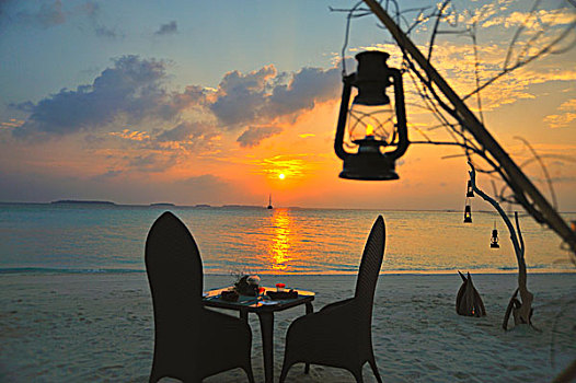 浪漫,烛光晚餐,海滩,日落