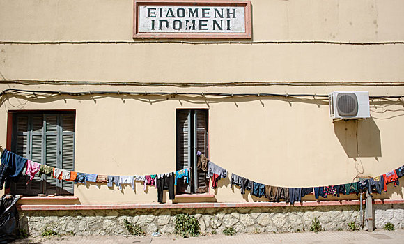 火车站,洗衣服,弄干,太阳,难民,露营,希腊,边远地区,马其顿,四月