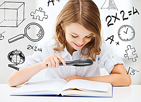 教育,学校,概念,小,学生,女孩,读,书本,放大镜