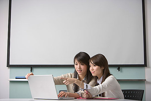 两位女士在电脑前讨论工作
