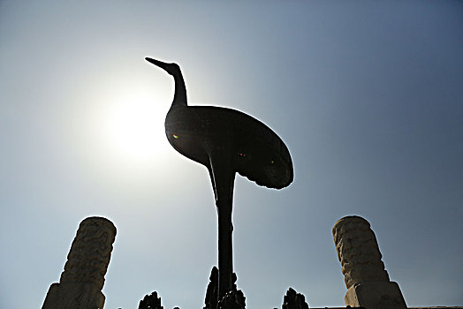 中国北京故宫太和殿月台上铜鹤逆光