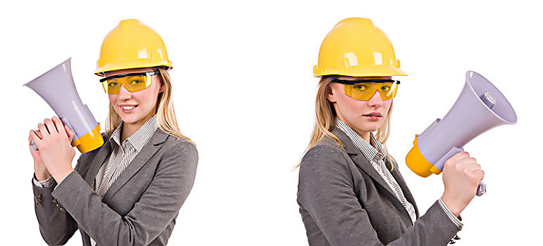 女性,工程师,头盔,扬声器,隔绝,白色背景