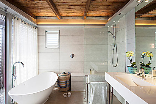 现代,浴室,独立式,白色,浴缸,淋浴,区域,芦苇,天花板