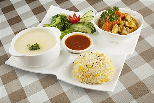 咖喱鸡,印度,盘子,汤,米饭