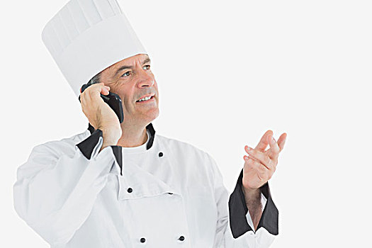男性,厨师,手机,上方,白色背景