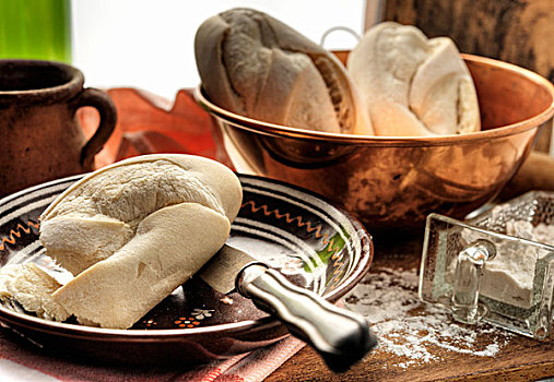 白色,法式面包,铜,碗,盘子