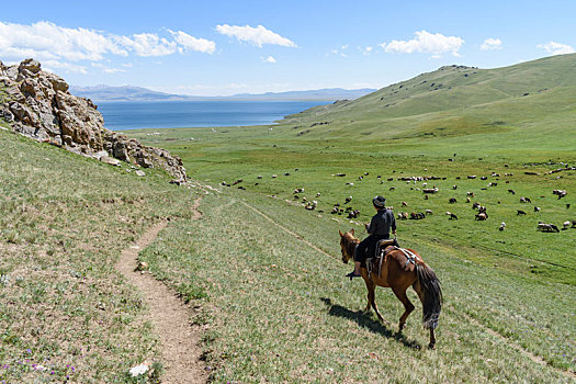 男人,骑马,骑,山谷,湖,远景,歌曲,吉尔吉斯斯坦