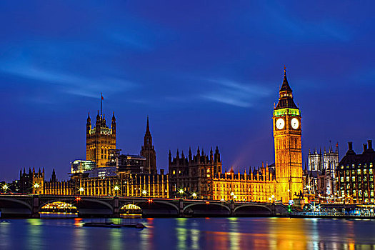 伦敦,地标建筑,大本钟,议会大厦,光亮,夜晚,泰晤士河,前景